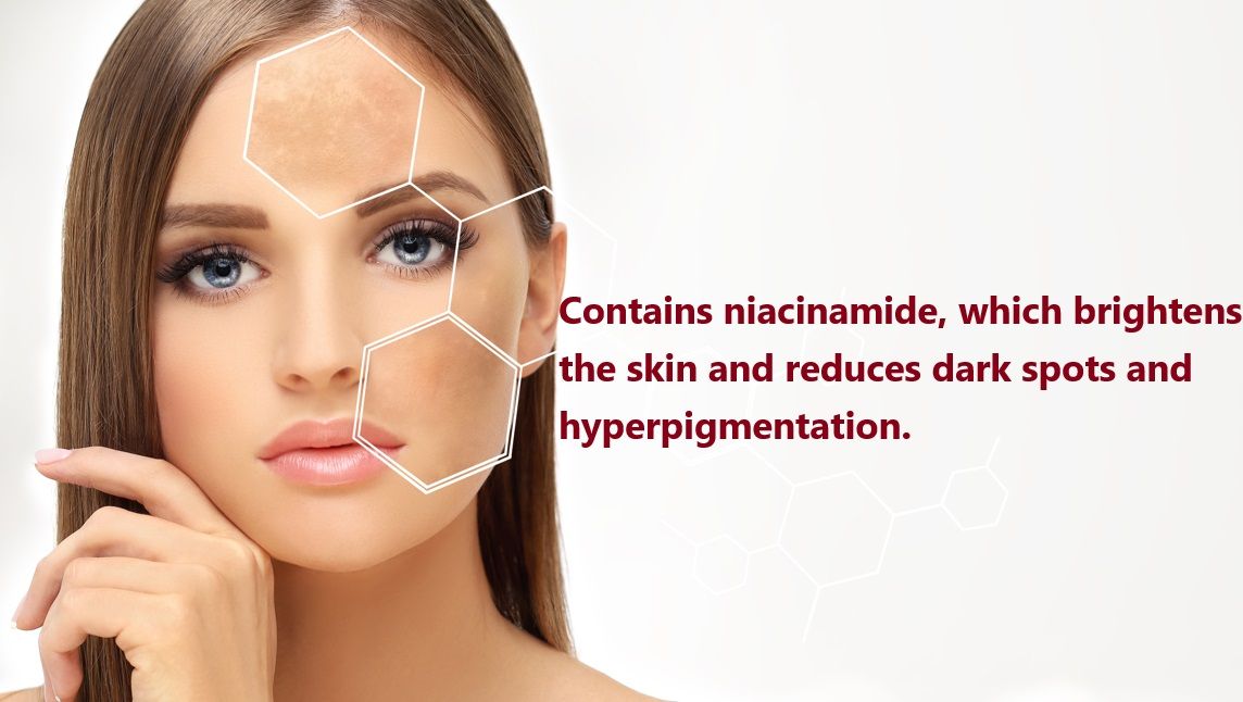 Bevat niacinamide, dat de huid oplicht en donkere vlekken en hyperpigmentatie vermindert.